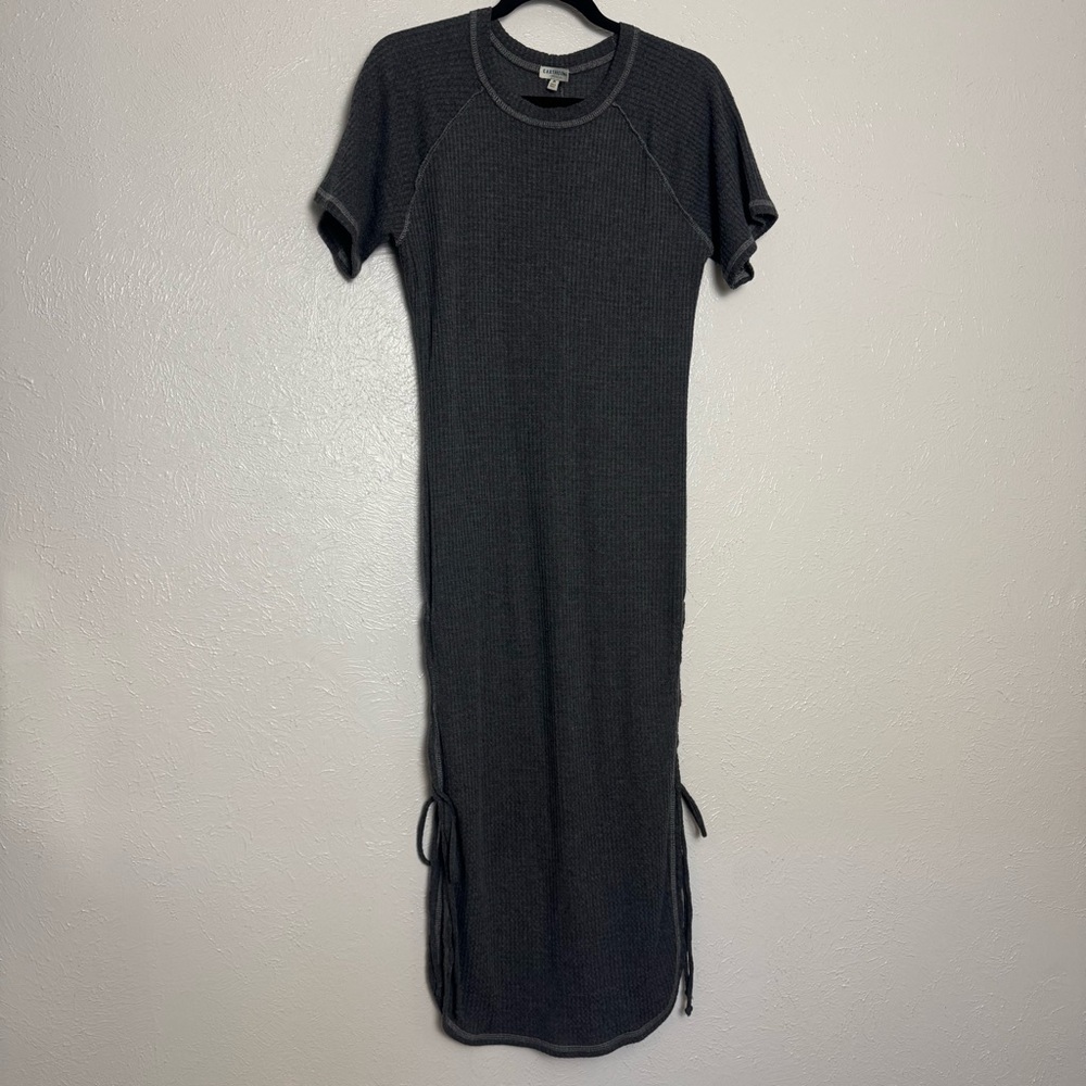 EARTHBOUND‎ Charcoal Waffle Knit Round Hem Lace Up Midi Dress